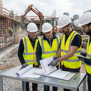 Immagine di alcune persone che consultano un piano operativo di sicurezza in un cantiere edile all'aperto.