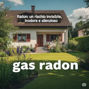 Foto di un'abitazione con la scritta: Radon, un rischio invisibile, inodore e silenzioso.
